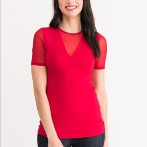 Agnes & Dora Sheer V Neck Top-Red  **B172N**